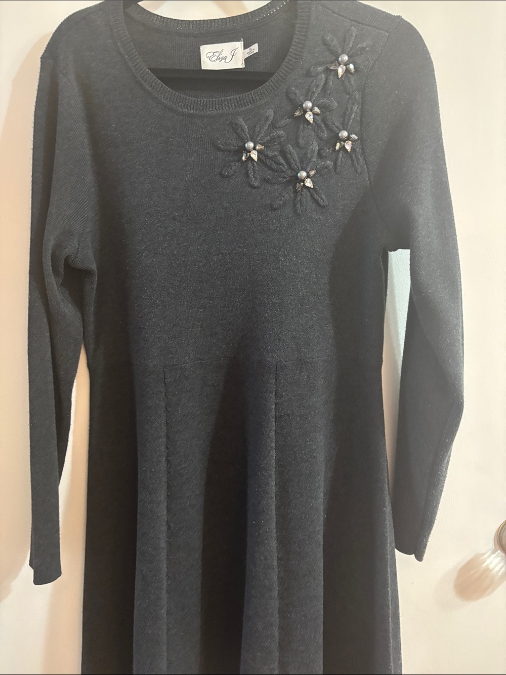 Eliza J Black Long-Sleeve Knit Dress with Floral Bead Detail